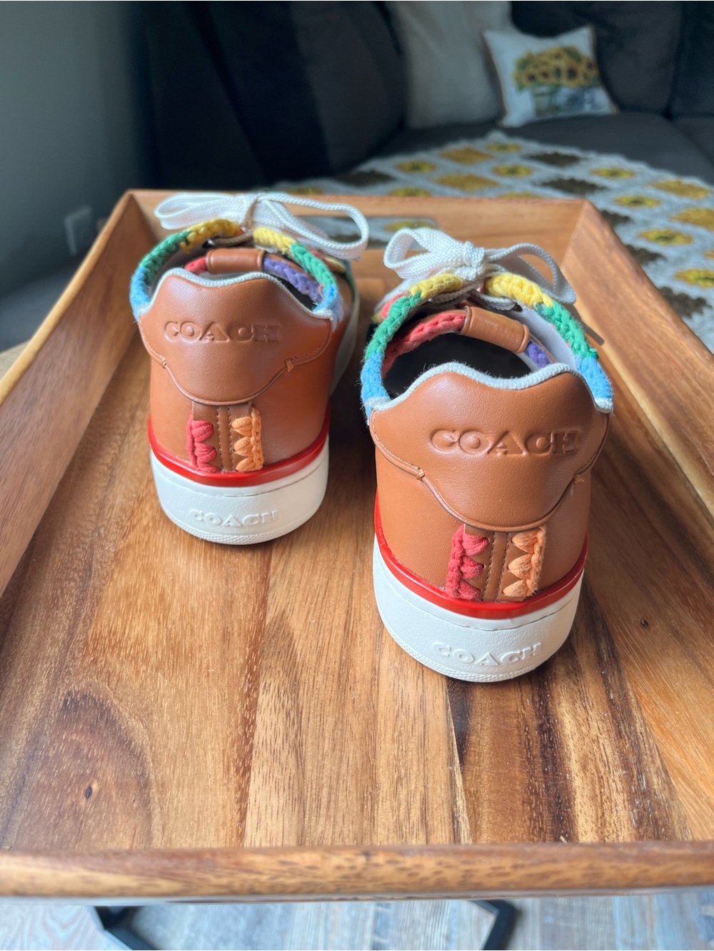 Coach Orange Leather Sneakers with Multicolor Crochet Trim - Picture 5 of 7